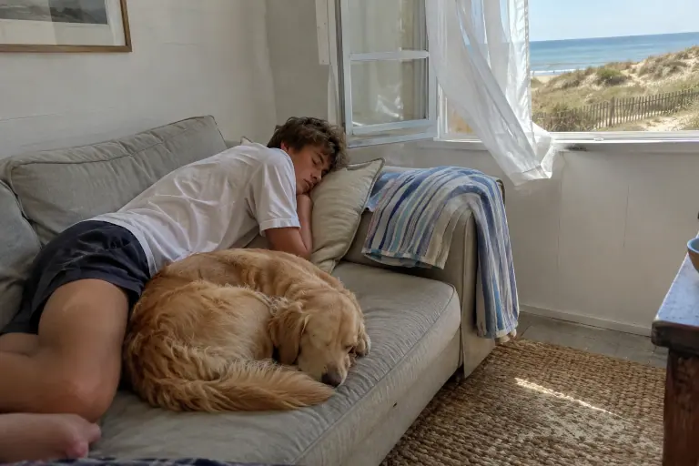 Un adolescent fait la sieste avec son chien sur un canapé gris clair, dans une maison de bord de mer aux murs blancs, fenêtre ouverte