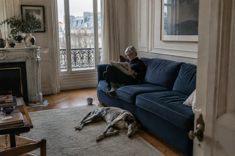 Dans un appartement haussmannien, une femme aux cheveux argentés lit le journal sur un profond canapé en laine bleu encre, un lévrier endormi à ses pieds
