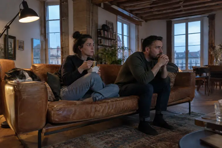 Un couple regarde un match sur un canapé en cuir vieilli cognac à piètement en acier noir, dans un appartement de canut lyonnais, le soir