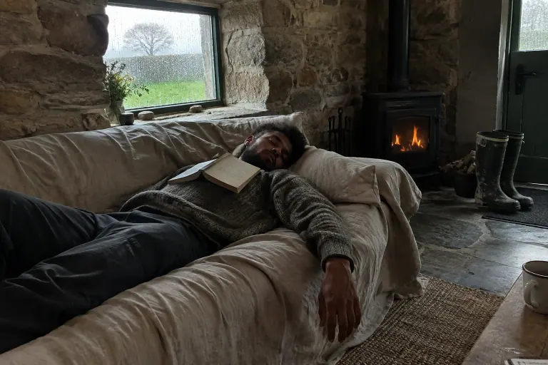 Un homme fait la sieste, un livre ouvert sur la poitrine, sur un canapé à housse en lin naturel froissé, dans une longère bretonne en pierre un jour de pluie