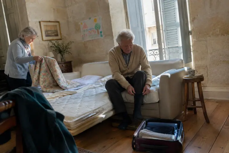 Un grand-père enfile ses chaussettes au bord d’un canapé-lit beige déplié pendant que sa femme plie la couette, dans une maison bordelaise au petit matin