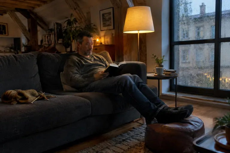 Un homme d’une cinquantaine d’années lit, calé contre le dossier haut d’un canapé gris anthracite ferme, coussin lombaire au dos et pieds sur un pouf