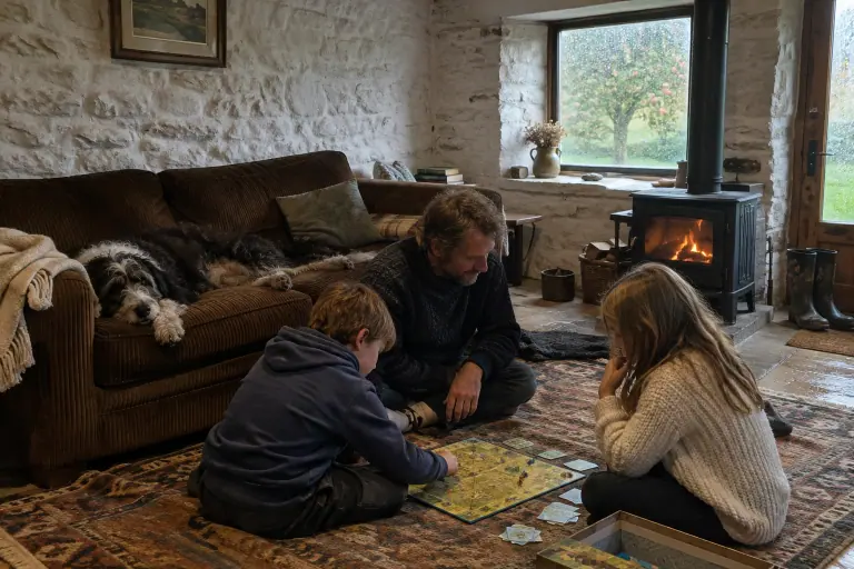 Un père et ses deux enfants jouent à un jeu de société devant un canapé marron en velours côtelé où dort le chien, dans une longère bretonne
