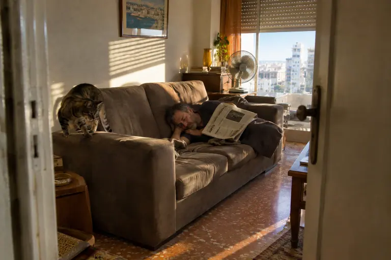 Dans un appartement marseillais des années 70, un homme fait la sieste sur un canapé en microfibre taupe pendant qu’un chat tigré pétrit l’accoudoir
