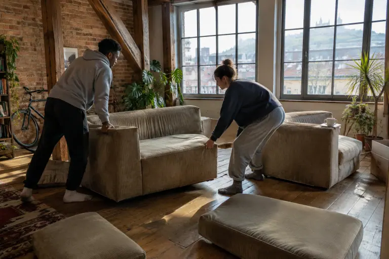 Deux colocataires déplacent les modules d’un canapé modulable bas en velours côtelé sable dans un loft lyonnais, un matin d’hiver ensoleillé