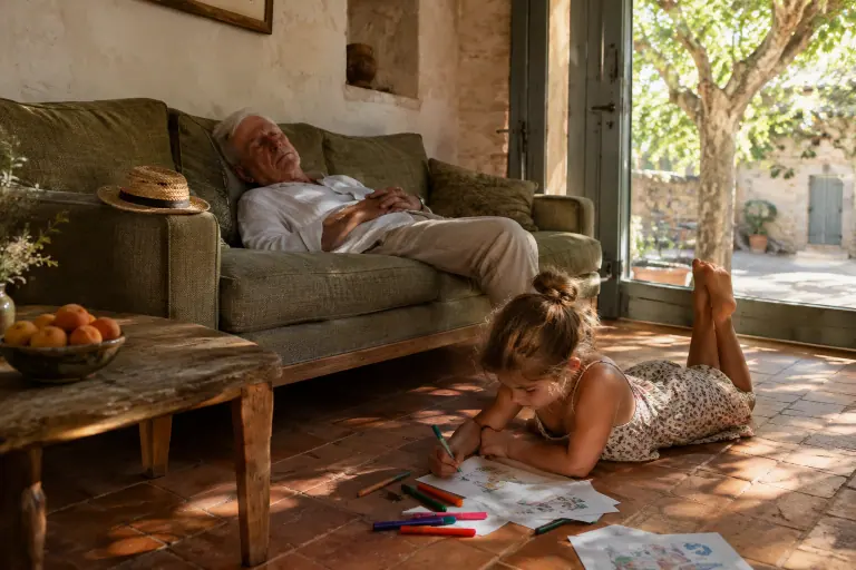 Dans un mas provençal, un grand-père fait la sieste sur un canapé en tissu vert olive aux pieds en chêne, sa petite-fille dessinant sur les tomettes