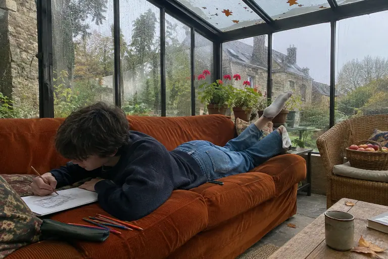 Un adolescent dessine allongé sur un canapé en velours côtelé orange brûlé, dans une véranda près de Nantes un après-midi d’automne pluvieux