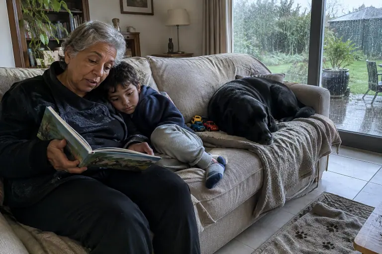 Une grand-mère lit un album à son petit-fils sur un canapé déhoussable en tissu beige, un labrador noir endormi sur un plaid à l’autre bout