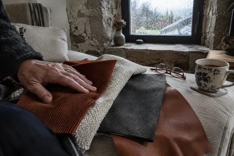 Gros plan sur la main d’une femme âgée posée sur des échantillons de velours côtelé, bouclette, microfibre et cuir étalés sur un canapé en lin