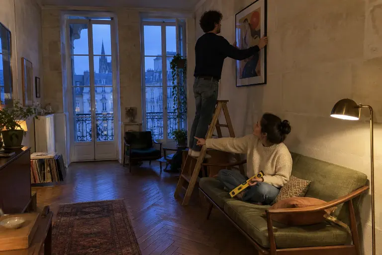 Dans une maison de ville bordelaise, un jeune homme accroche une affiche au-dessus d’un canapé vintage vert olive à pieds en noyer, guidé par sa compagne