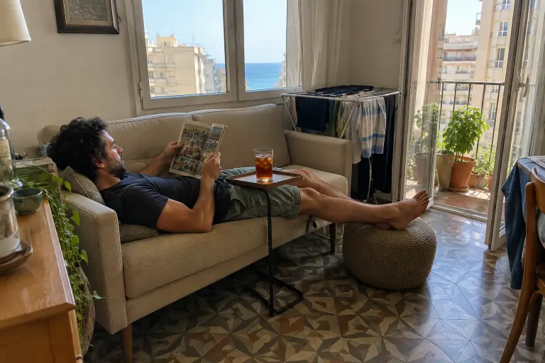 Un homme lit allongé sur un petit canapé 2 places beige aux pieds hauts en bois, dans le salon étroit d’un appartement marseillais des années 70