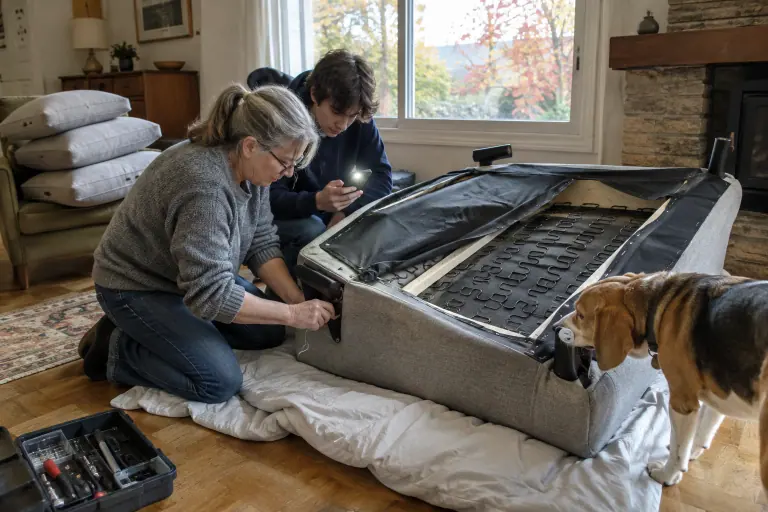 Une femme resserre un pied de canapé gris basculé sur le dos pendant que son fils éclaire les ressorts avec son téléphone, un vieux beagle à côté