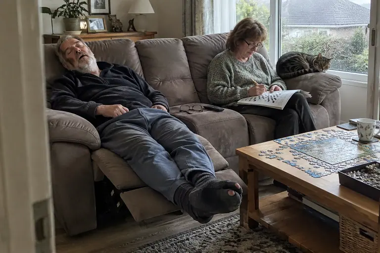 Un homme fait la sieste repose-pieds déplié sur un canapé relax taupe pendant que sa femme fait des mots croisés à côté de lui, un dimanche de pluie