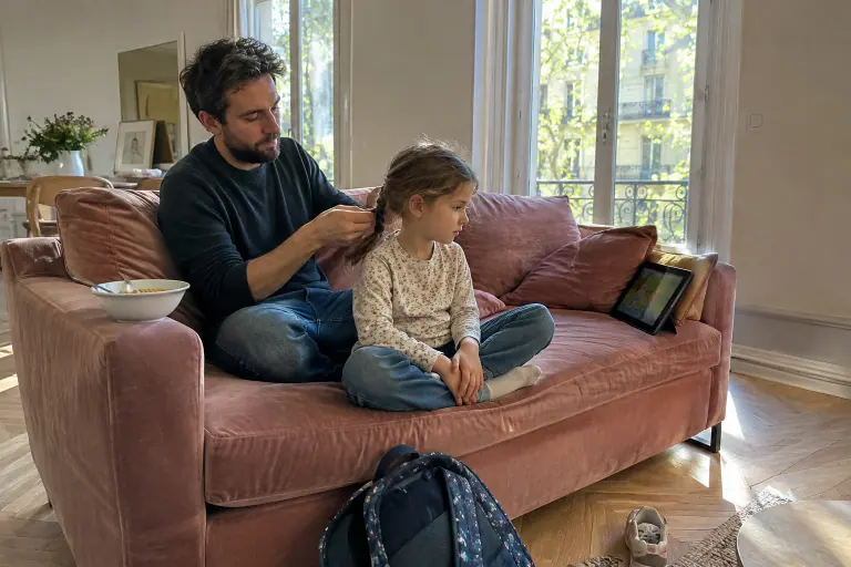 Un père tresse les cheveux de sa fille assise sur un canapé en velours rose poudré, un matin de printemps avant l’école à Montpellier