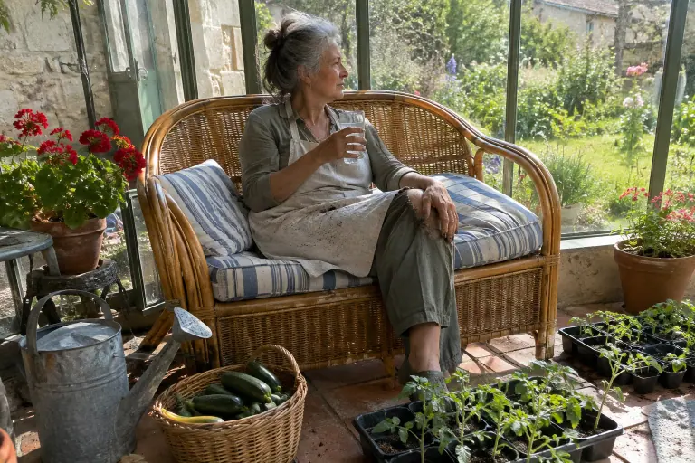 Une femme en tablier de jardinage se repose sur un canapé en rotin aux coussins rayés bleu et blanc, dans une véranda remplie de plants de tomates