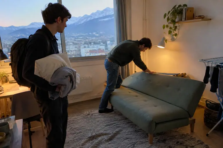 Deux jeunes hommes déplient un clic-clac scandinave vert sauge à dossier capitonné dans un studio de Grenoble, à la tombée de la nuit
