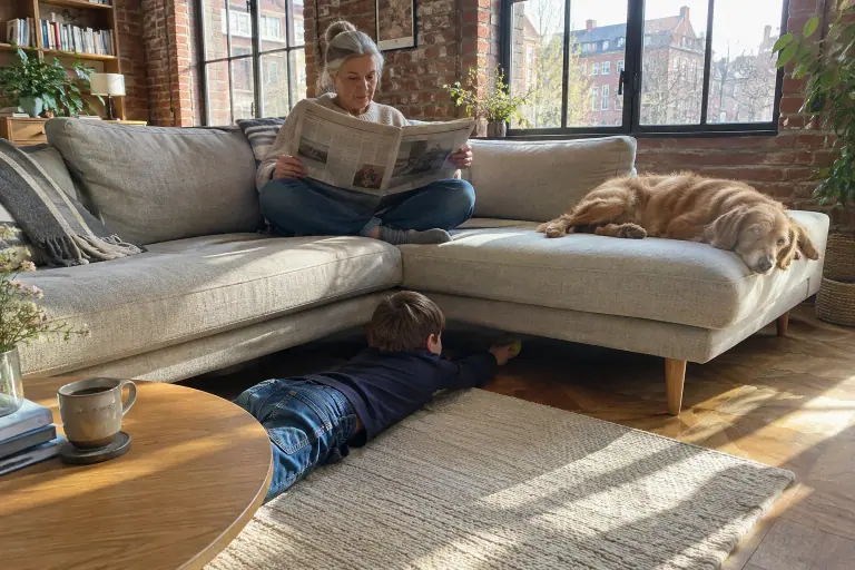 Une grand-mère lit le journal dans l’angle d’un canapé scandinave gris beige à pieds en chêne, son petit-fils glissé dessous pour attraper une balle