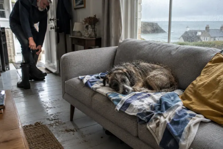 Un chien mouillé dort sur une serviette posée sur un canapé scandinave gris clair, dans une maison normande en bord de mer un jour de pluie