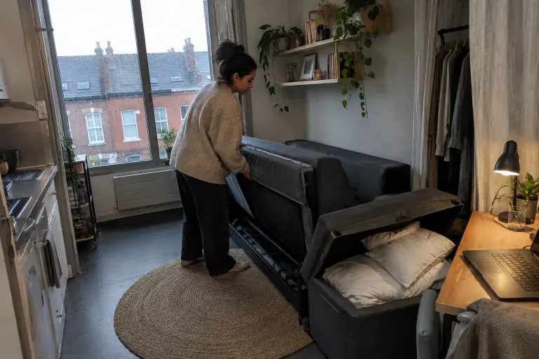Une jeune femme replie le matelas d’un BZ gris anthracite dans un studio lillois, la couette déjà rangée dans un pouf coffre, un matin de pluie