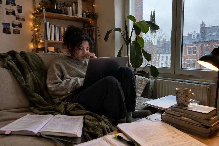 Une étudiante révise sur son ordinateur, blottie sur un canapé taupe dans un studio lillois, un après-midi de pluie, un plaid vert olive froissé