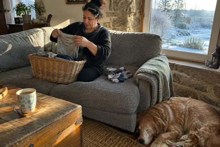 Dans une longère bretonne, une femme plie du linge sur un canapé en tissu gris chiné, un vieux chien couché à ses pieds, un matin d’hiver