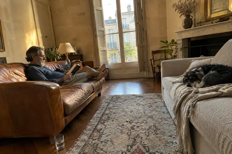 Dans un salon bordelais, un homme lit sur un canapé en cuir caramel pendant qu’un chien dort sur le canapé en tissu beige placé en face
