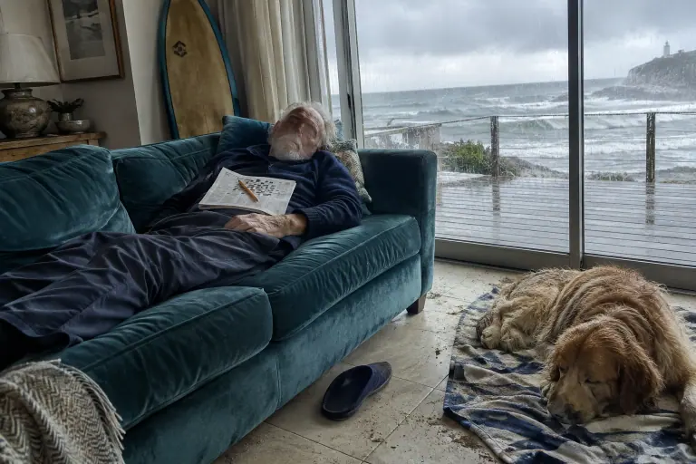 Un grand-père somnole sur un canapé en velours bleu canard, mots croisés sur la poitrine, un chien mouillé à ses pieds, face à l’océan