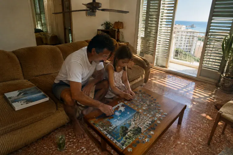 Un père aide sa fille à faire un puzzle depuis un canapé bas en velours côtelé caramel, dans un appartement marseillais aux volets mi-clos