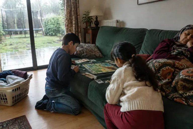 Deux enfants jouent à un jeu de société sur un canapé vert sapin pendant que leur grand-mère somnole, un dimanche pluvieux dans un pavillon