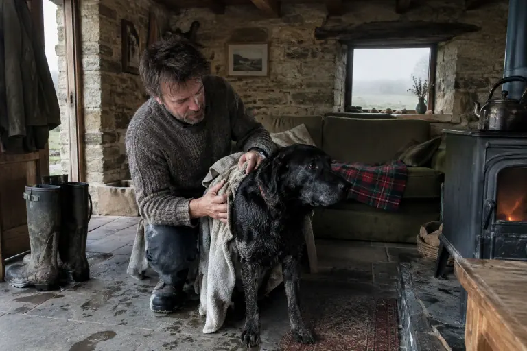 Un homme sèche un labrador noir boueux devant un canapé vert kaki couvert d’une vieille couverture, dans une longère bretonne un matin d’hiver