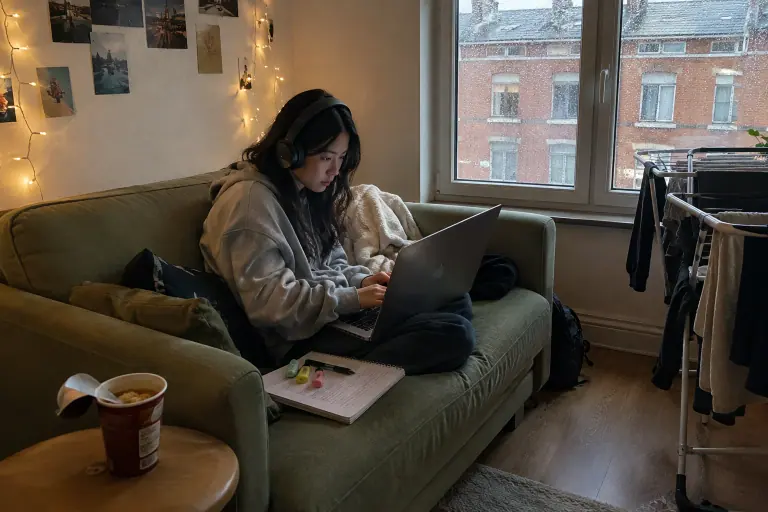 Une étudiante révise avec son ordinateur sur un petit canapé vert sauge, dans un studio lillois dont la fenêtre donne sur des façades en brique
