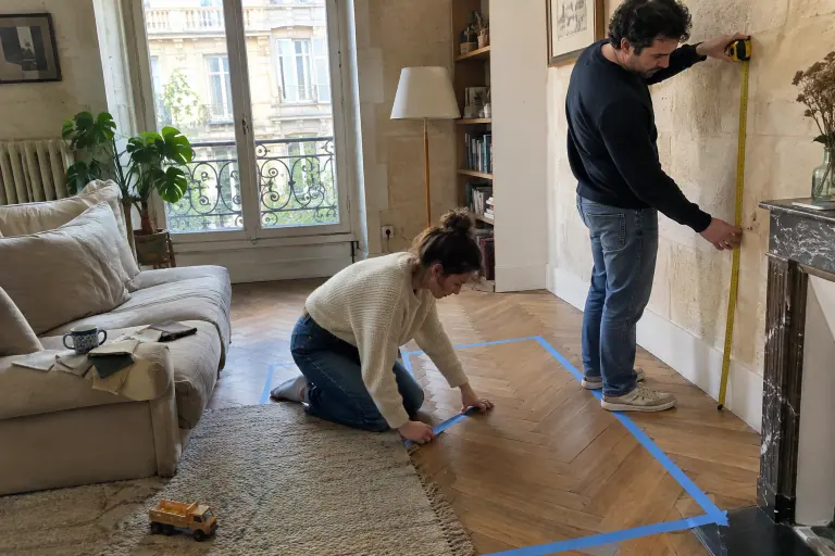 Dans un salon bordelais, une femme marque au sol la place d’un futur canapé avec du ruban adhésif tandis que son compagnon mesure le mur