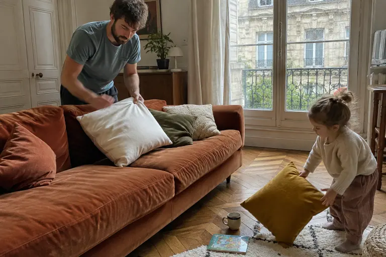 Un homme regonfle un coussin en plumes sur un canapé en velours terracotta pendant que sa fille lance un coussin moutarde sur le parquet