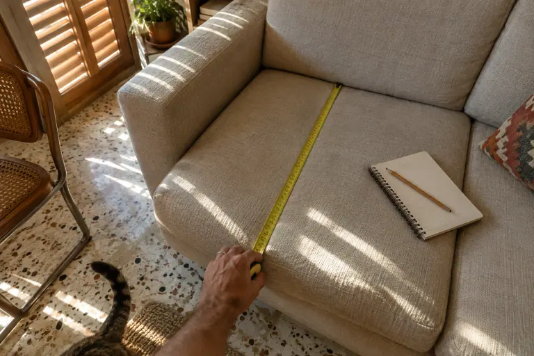 Une main tend un mètre ruban jaune sur l’assise d’un canapé en lin sable pour mesurer sa profondeur, dans un appartement marseillais aux volets mi-clos