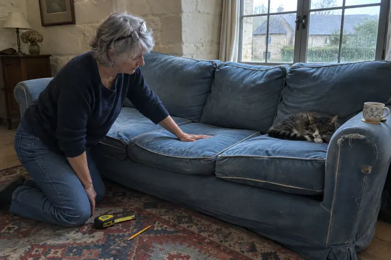 Une femme d’une soixantaine d’années appuie sur l’assise creusée d’un vieux canapé bleu délavé, un chat endormi au bout, par un après-midi pluvieux
