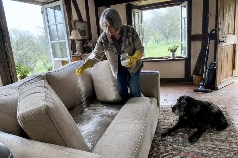 Une femme saupoudre du bicarbonate sur l’assise d’un canapé en tissu beige, fenêtres ouvertes sur un verger, un vieux labrador noir allongé à côté