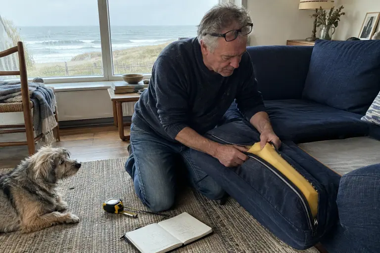 Dans une maison de bord de mer, un homme d’une soixantaine d’années ouvre un coussin de canapé bleu marine pour vérifier la mousse, un mètre ruban au sol
