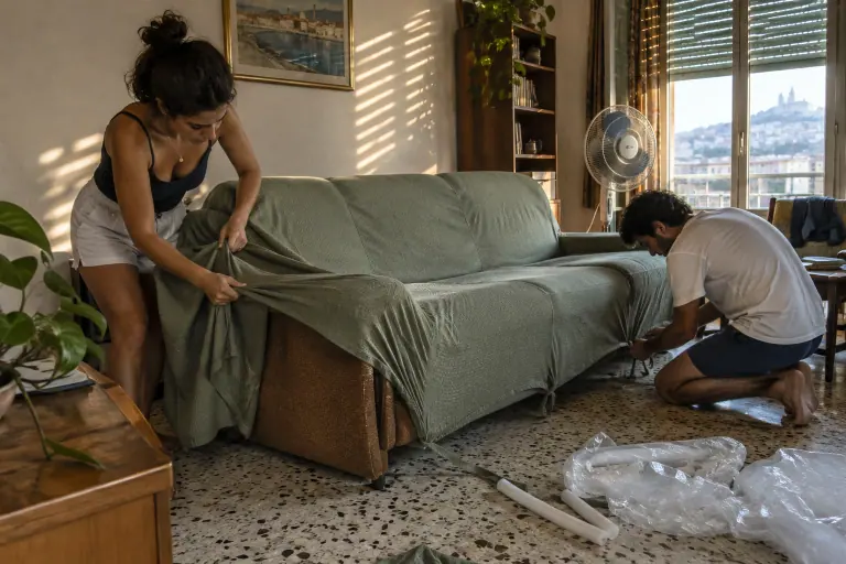 Un jeune couple enfile une housse extensible vert sauge sur un vieux canapé trois places, dans un appartement des années 70 à Marseille
