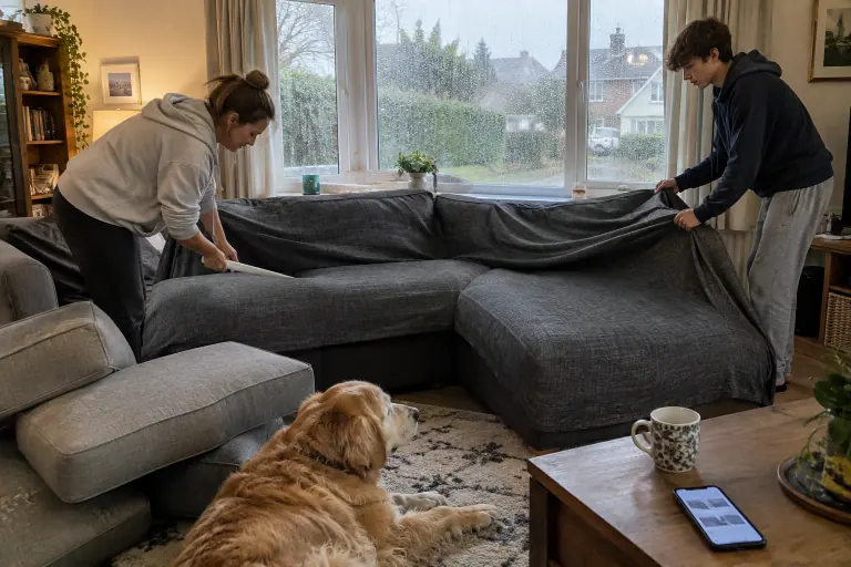 Une mère et son fils adolescent posent une housse anthracite sur un grand canapé d’angle avec méridienne, sous l’œil d’un vieux golden retriever