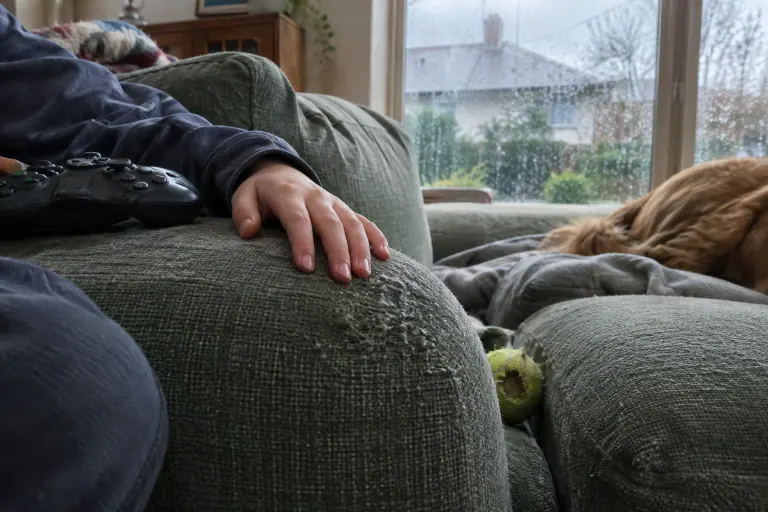 Gros plan sur l’accoudoir un peu usé d’un canapé en tissu vert sauge, la main d’un enfant posée à côté d’une manette, un matin de pluie