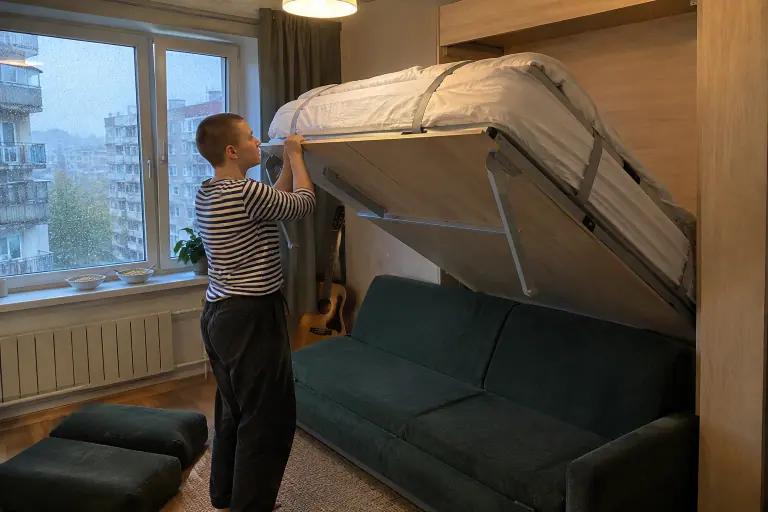 Dans un petit appartement de Brest, une jeune femme abaisse un lit escamotable vertical au-dessus d’un canapé vert, les coussins de dossier posés au sol