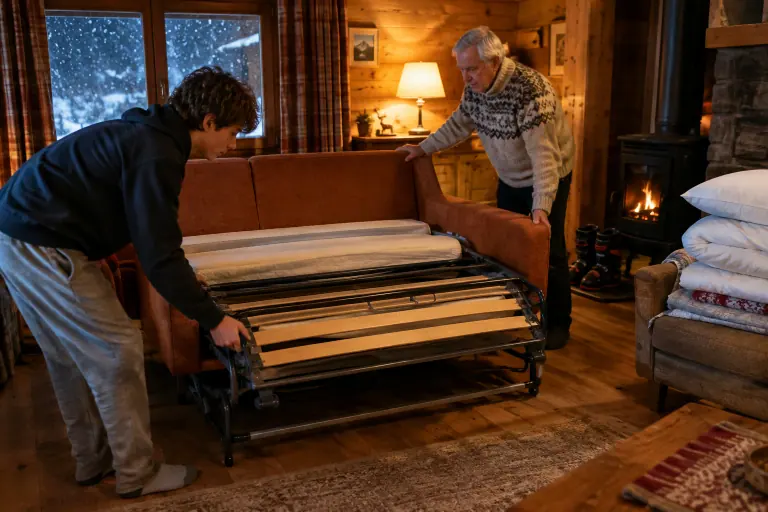 Dans un chalet savoyard, deux amis déplient un canapé convertible rouille dont le matelas s’ouvre sur un sommier à lattes, un soir de neige