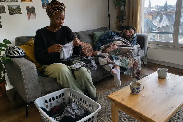 Dans une colocation à Rennes, une jeune femme plie du linge sur un canapé 3 places en tissu gris pendant que son colocataire fait la sieste à l’autre bout