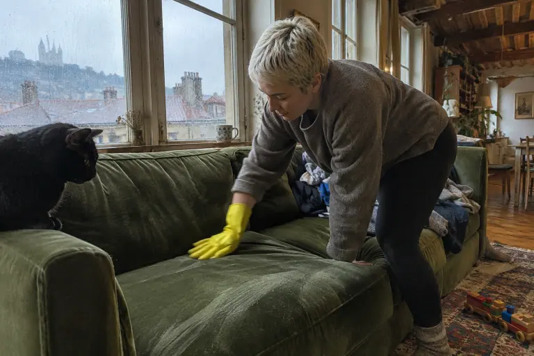 Dans un appartement de canut à Lyon, une femme retire au gant les poils de son chat noir sur un canapé en velours vert olive, un jour de pluie