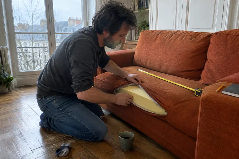 Un homme ouvre la housse d’un coussin d’assise de canapé rouille pour examiner la mousse, un mètre ruban déroulé sur l’assise, dans une maison de Dijon