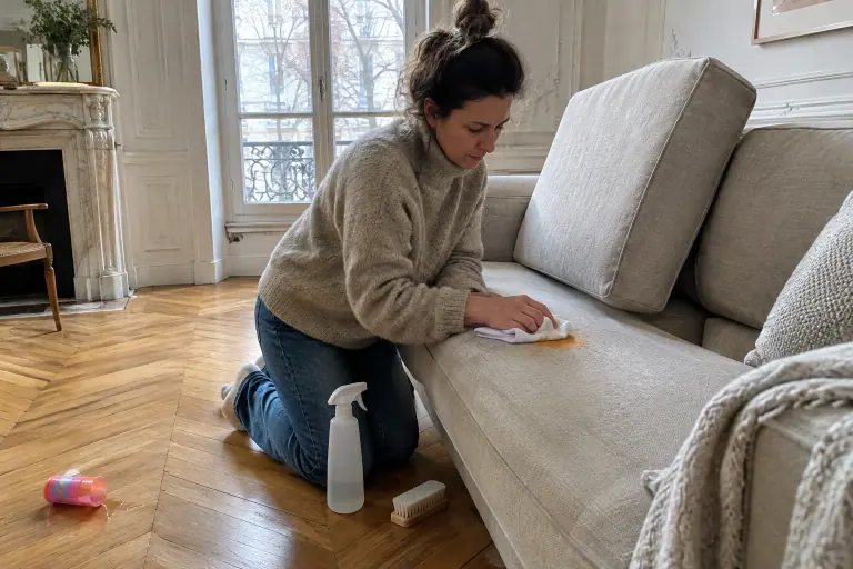 Une femme tamponne une tache de jus avec un chiffon blanc sur l’assise d’un canapé en tissu beige, dans un appartement haussmannien