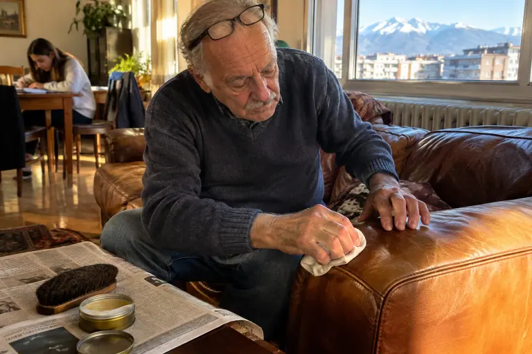 Un homme âgé nourrit l’accoudoir d’un canapé en cuir cognac avec un chiffon blanc, un pot de baume sur la table basse, montagnes enneigées dehors