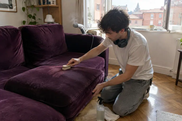 Un jeune homme à genoux brosse l’assise d’un canapé en velours prune, un petit défroisseur vapeur posé sur l’accoudoir, dans un appartement toulousain