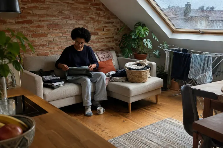 Une jeune femme plie son linge sur un petit canapé d’angle beige sur pieds hauts, sous les toits d’un appartement en brique un jour de pluie