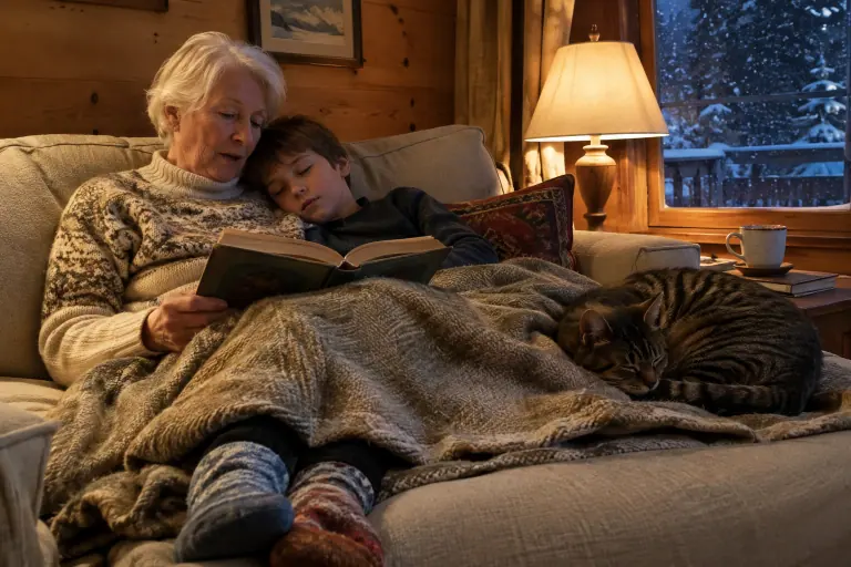 Une grand-mère lit à voix haute à son petit-fils sous un plaid en laine écru, sur un canapé en lin dans un chalet savoyard enneigé